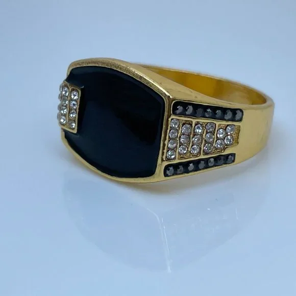 Men Ring Fashion Gold Tone Black Faux Stone Crystal Accent Men Jewelry Size 13 - Picture 6 of 11